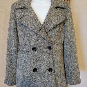 George Women's Black and White Herringbone Pea Coat